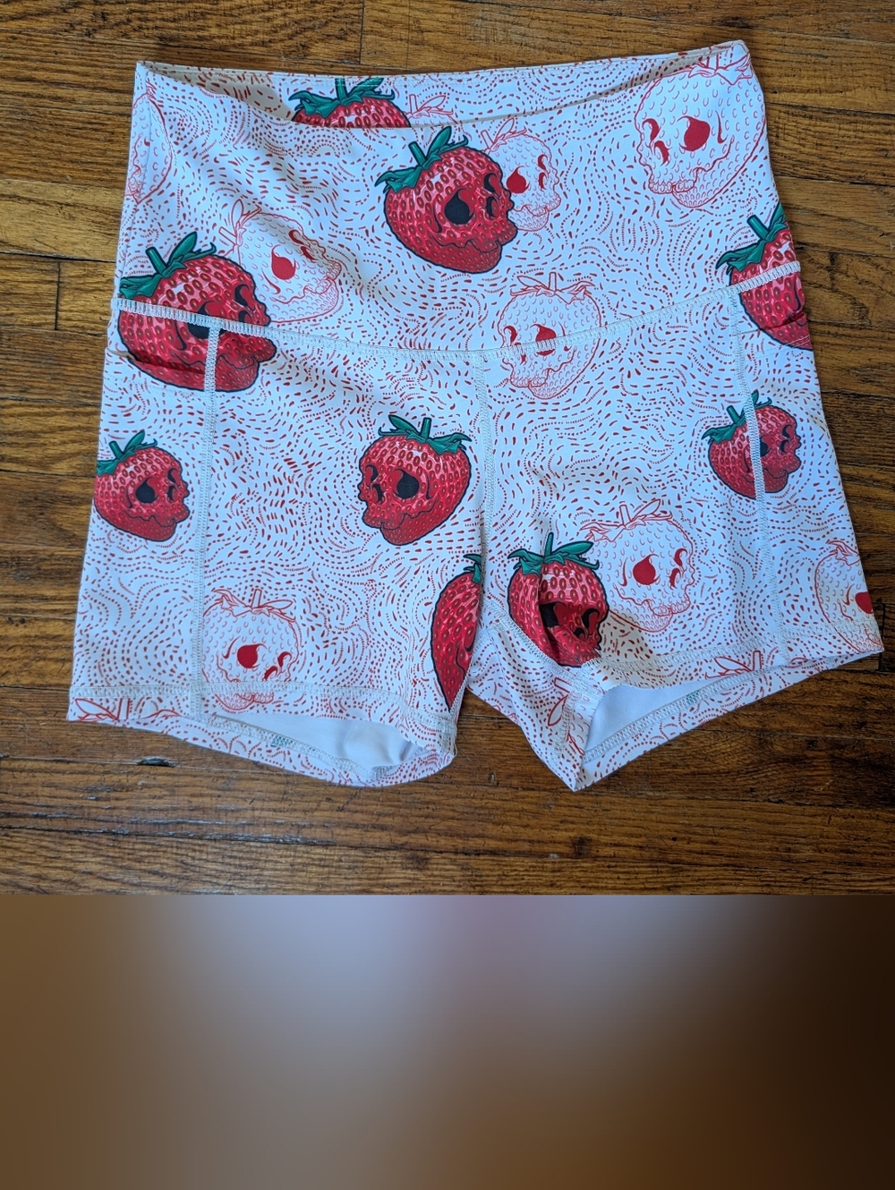 Feed Me Fight Me White Bike Shorts with Red Strawberry Print